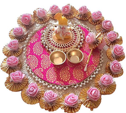 Golden metal wooden Base Pooja thali